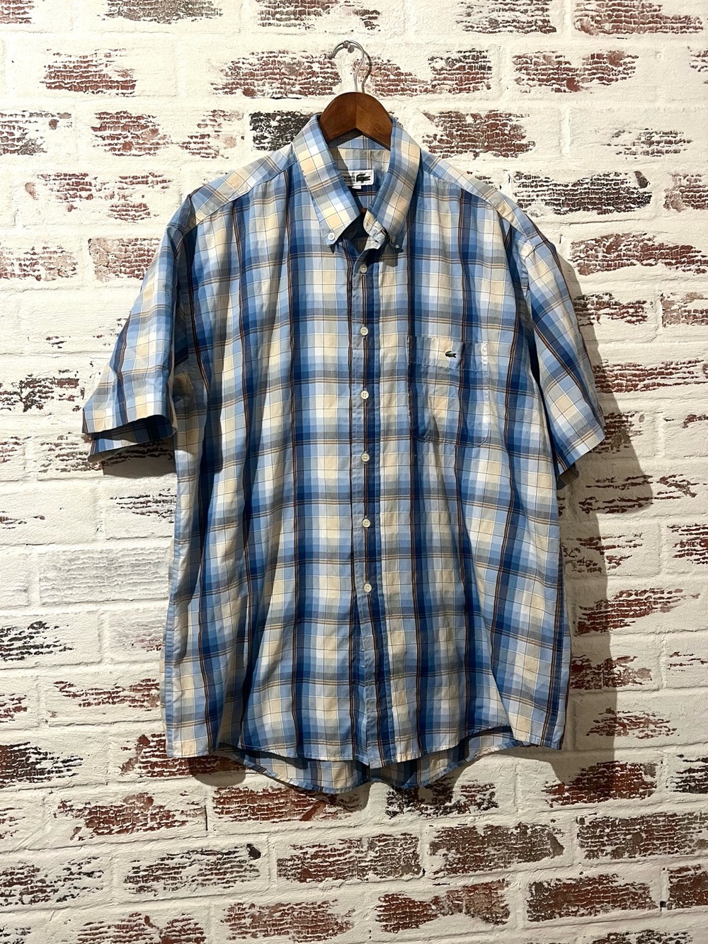 Lacoste Shirt Chemise Men's Short Sleeve Button Down Plaid Size 50 Vintage